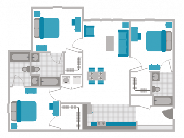 A 3D image of the 3BR/3BA floorplan, a 1202 squarefoot, 3 bed / 3 bath unit