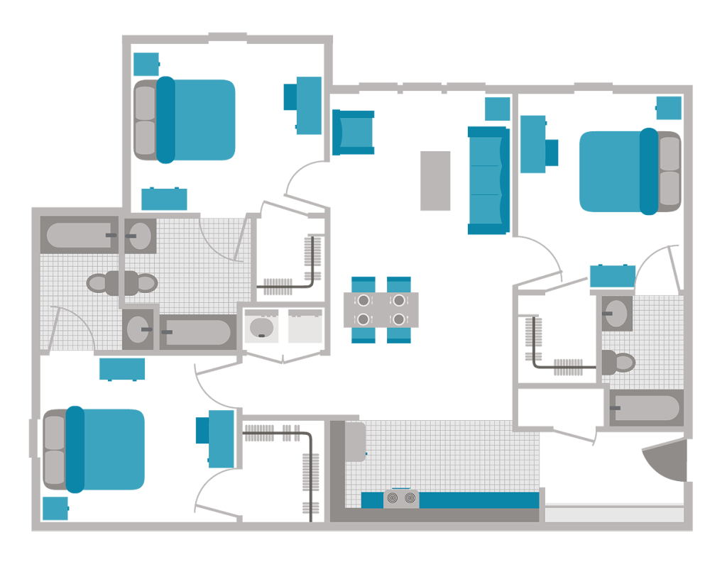 A 3D image of the 3BR/3BA Upgrade floorplan, a 1202 squarefoot, 3 bed / 3 bath unit